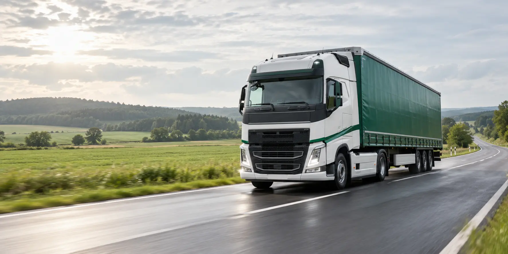 A modern freight truck travelling through the green European countryside